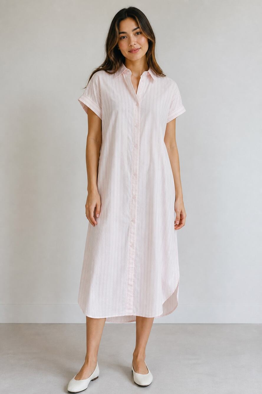 COS Pink Striped Short Sleeve Button Down Shirt Dress M